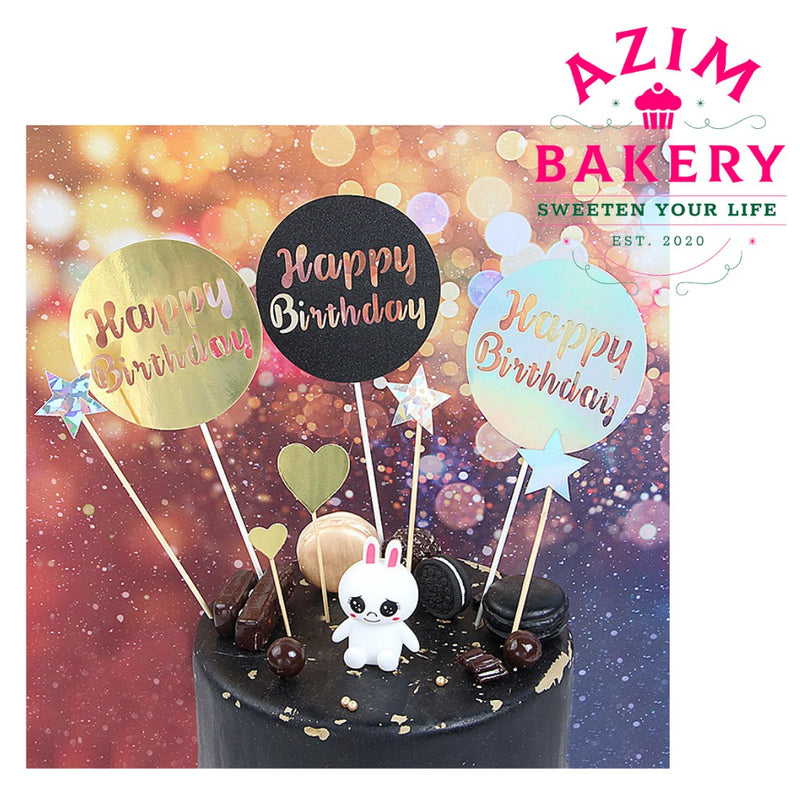 Happy Birthday Cake Topper / Round Gold & Round Black by Azim Bakery