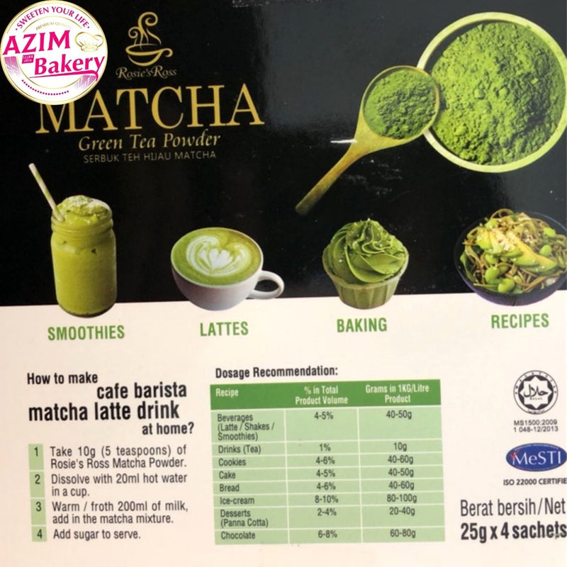 Matcha Green Tea Powder 100G, 25G Rosie'S Ross Serbuk Matcha | Serbuk Teh Hijau Serbuk Green Tea (Halal) by Azim Bakery