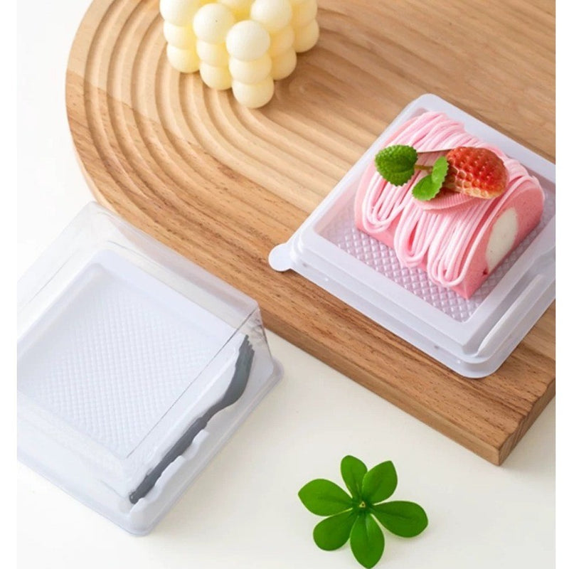 Square/Rect Trans Pet Plastic Cake Box+Fork  (10pcs/50PCS) | Slice Cake | Bekas Kek  By Azim Bakery