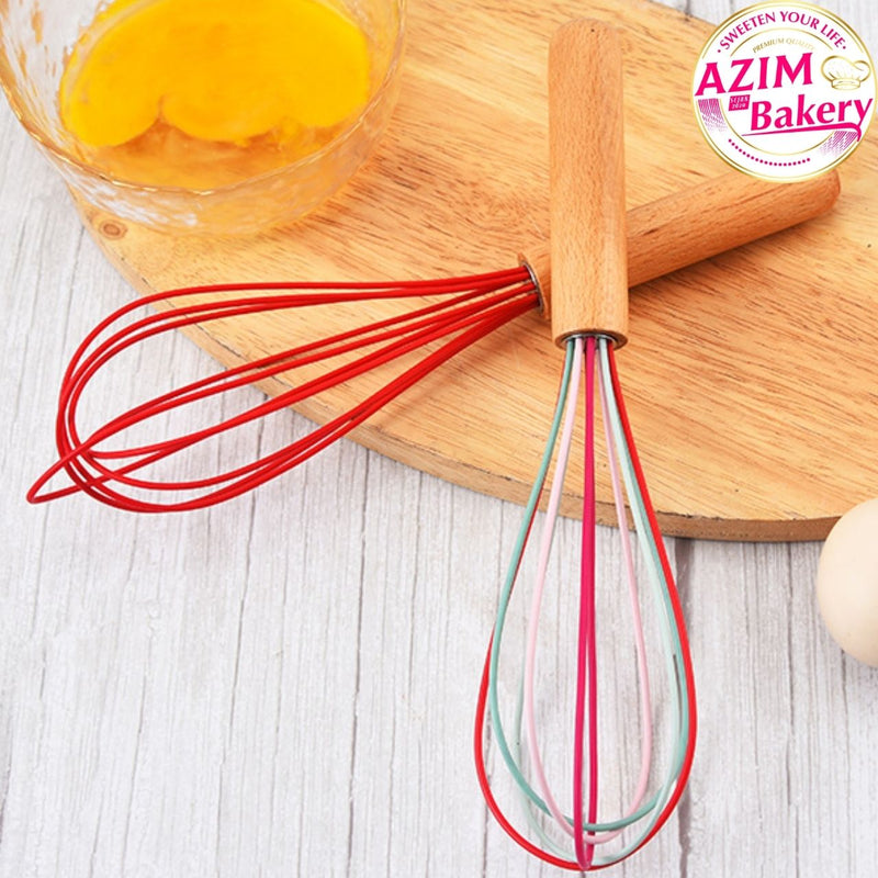 Silicone Egg Whisk With Wooden Handle (Random Color)