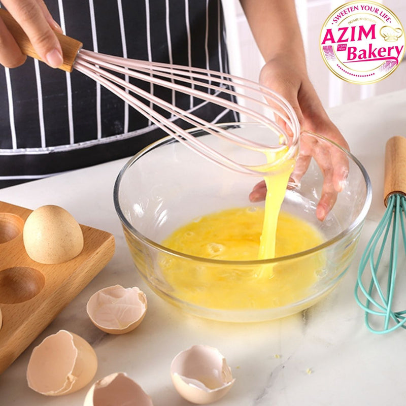 Silicone Egg Whisk With Wooden Handle (Random Color)